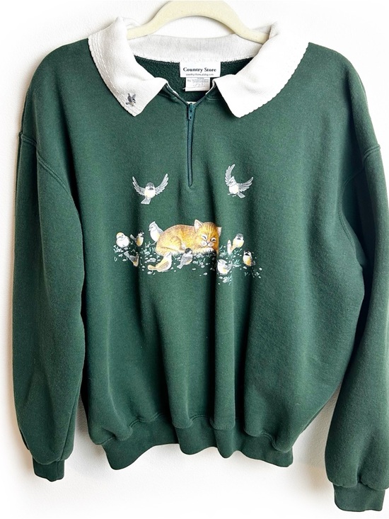 Country Store Tops - Country Store Vintage 90's collared 1/4 zip sleeping kitten sweater size: XL